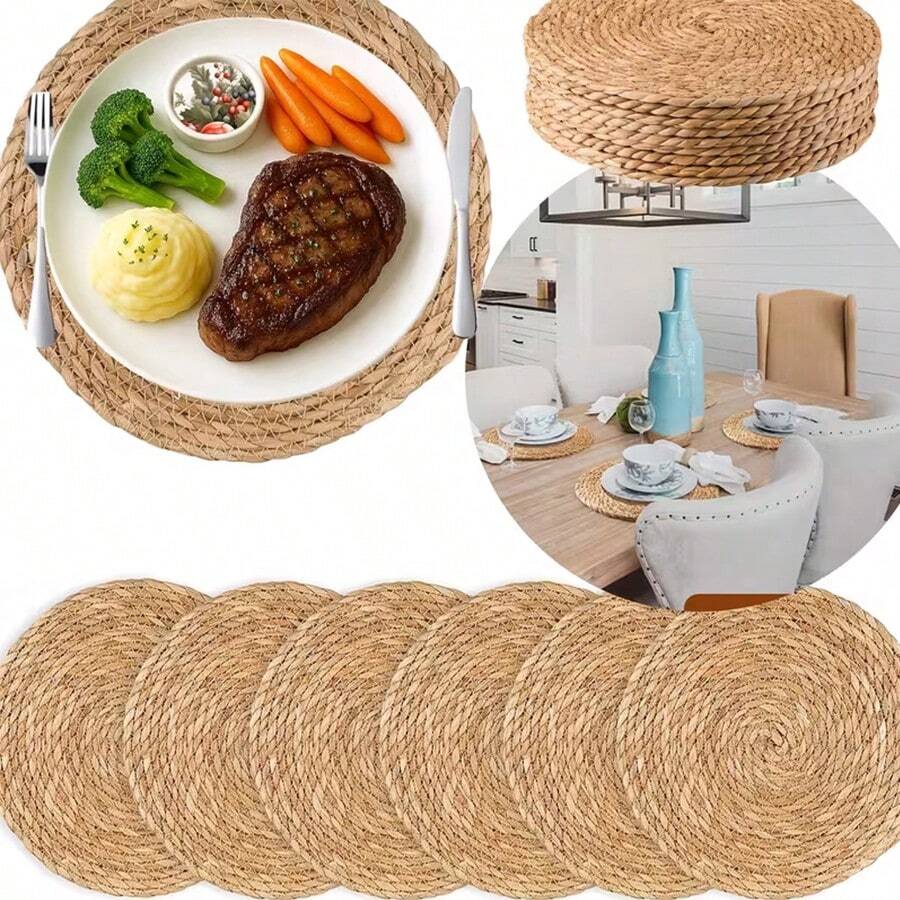 Rund bordsunderlägg i naturvävd textil, värmebeständig och lätt att rengöra, trämaterial, lämplig för hemmet, kontoret eller restaurangen, kontorsbestick, rustikt bordsmaterial, lätt att rengöra - Multifärgad - Visa 1