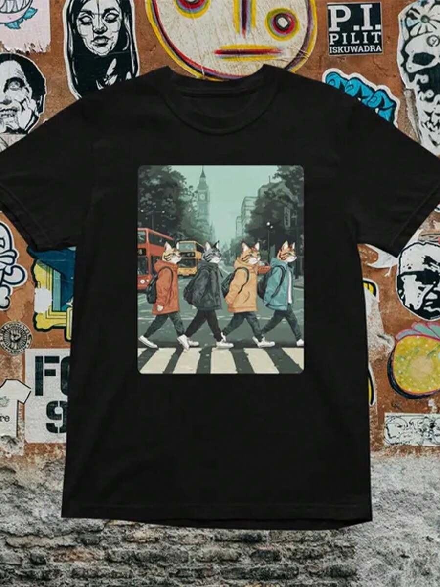 Abbey Road Cat Band T-Shirt: Funny Music Parody Tee - 黑色 10 - 查看 1