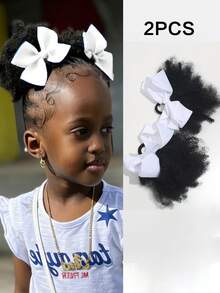2条装儿童蓬松马尾辫，柔软马尾辫，带弹性蝴蝶结夹，女孩耐热假发 - 自然黑 - 查看 12