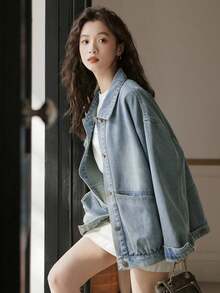 2025新款宽松休闲牛仔外套，女士秋冬款 - 復古藍 - 查看 2