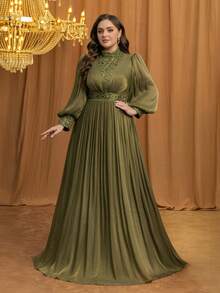 UNITHORSE 大码女式立领灯笼袖亮片拼接长款晚礼服，完美适用于伴娘礼服、毕业礼服、婚礼宾客礼服、正式场合礼服、春季派对等场合 - 橄欖綠 - 查看 1