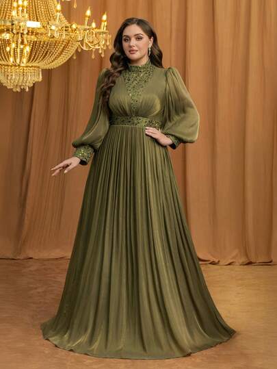  UNITHORSE Plus 女式立领灯笼袖亮片拼接仿光电管长款晚礼服，完美适合伴娘礼服、毕业礼服、婚礼宾客礼服、晚宴礼服、正式礼服