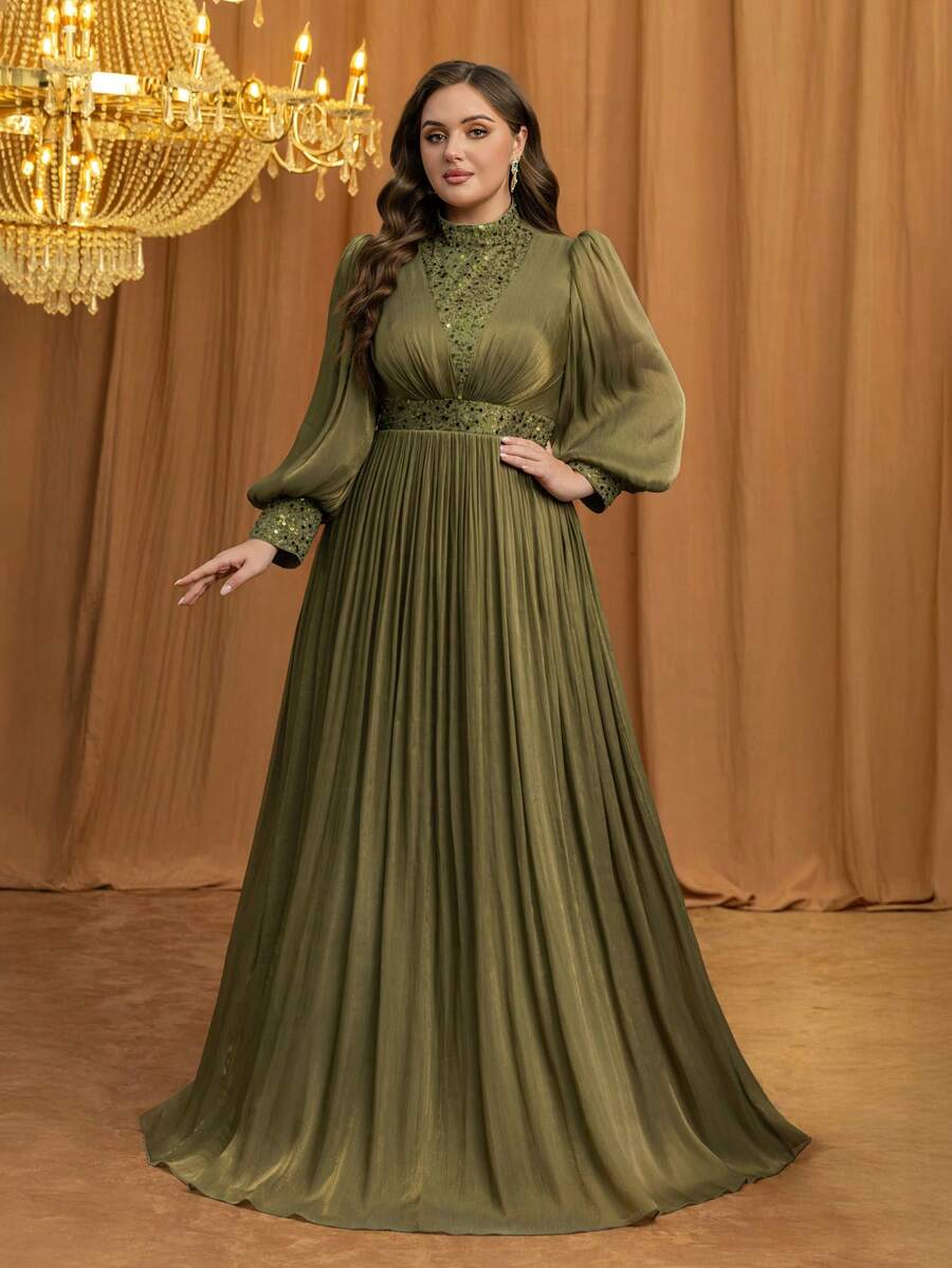 UNITHORSE 大码女式立领灯笼袖亮片拼接长款晚礼服，完美适用于伴娘礼服、毕业礼服、婚礼宾客礼服、正式场合礼服、春季派对等场合 - 橄欖綠 - 查看 1