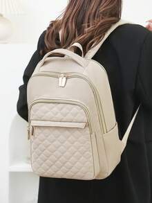 Women's Nylon Solid Color Quilted Large Capacity Versatile Backpack, Minimalist Casual Student Backpack, Commuter Bag - Beige - View 5