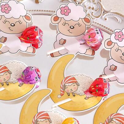 25/50pcs Cartoon Sheep & Floral Lollipop Decorations, Suitable For Party Favors, Dessert Presentation Accessories