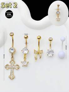 5件套金色肚脐环,不锈钢材质,款式包括十字架、星星、月亮、蝴蝶、吊坠、海龟、钥匙等,肚脐穿孔饰品,适合女性和女孩,日常佩戴,派对、夜生活、社交聚会等场合。 - 金黃色 - 查看 7
