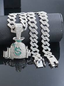 1pc Rhinestone Embellished Money Bag Pendant Necklace, Casual Wear Personalized Hip-Hop Cuban Chain Necklace For Men - Money Bag Pendant Necklace - View 6