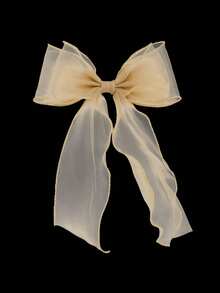 Cream Bowknot Mesh Hair Clip, Ethereal Hairpin With Mesh Ribbon And Pearl Butterfly, Elegant For Wedding, Bridal, And Feminine Style - Multicolor - View 6