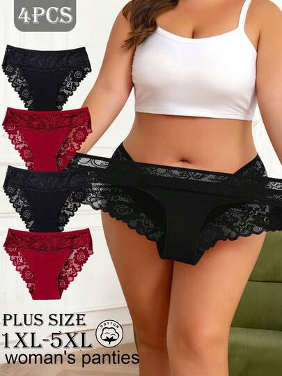 4 PIEZAS Ropa interior de mujer talla grande - Diseño de encaje floral de alta gama, bragas de cintura media elásticas y transpirables, encaje delicado ultra suave para comodidad diaria (combo esencial)