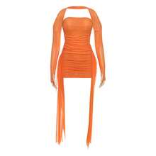 Fashion New Women's Halter Neck Sleeveless Mesh Ribbon Ruched Sexy Short Dress Set - Pink (with Scarf) - View 11