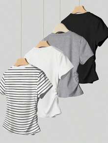 Camiseta de manga corta con pliegues casual para mujer, versátil para el verano - Negro 4 - Ver 2