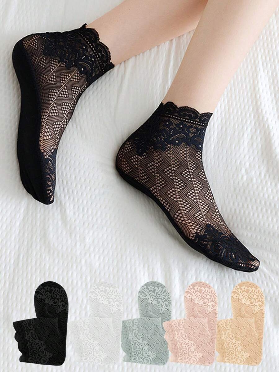 5双装春夏女士蕾丝花朵网眼袜防滑隐形内衬袜女式弹力舒适薄款透明透气短袜 - 彩色 - 查看 1