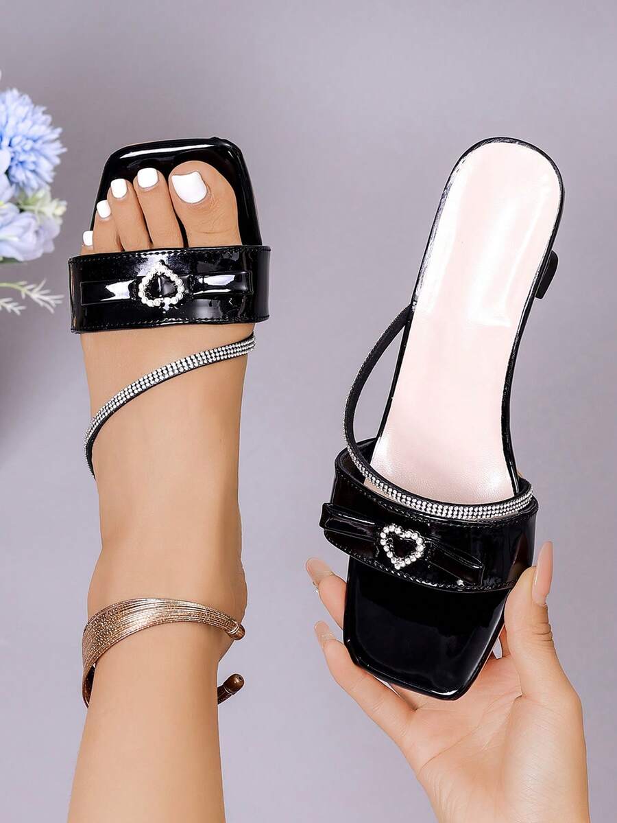 New Fashionable Women's Simple High Quality Rhinestone Heart Bow Square Toe Chunky Heel Sandals, Slip-On Versatile Women High Heel Pumps, Flip Flops - Black - View 1
