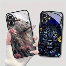 Funda de Teléfono de Diseño de Impresión de Lujo de Animal León Tigre, Adecuada para Apple  16 15 14 Pro Max Plus, Funda Protectora de Vidrio Reforzado de TPU Negra - ¡Protege tu Teléfono de Arañazos y Caídas! - Colores mixtos - Ver 3