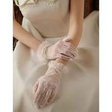 Short Lace Mesh Gloves Tulle Border With Pearls Wedding Opera Tea Party Gloves For Women Formal,OneSize,Ivory-1 - Ivory-1 - View 8