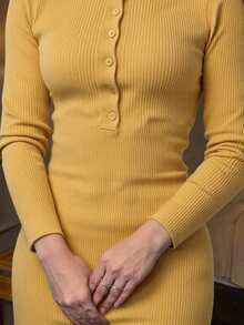 DAZY 女式修身部分拉链针织中长款毛衣裙，秋季女装 - 黃色 - 查看 5