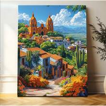 1 pieza de arte mexicano vintage, pintura en lienzo con marco de madera - Arte de pared de iglesias del campo de Morelia, paisaje primaveral vibrante con cúpulas blancas y techos de tejas rojas, decoración de pared interior para sala de estar, dormitorio, cocina, baño - Regalo cultural para el hogar 2D plano - Multicolor - Ver 8