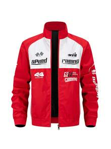 Men's Motorcycle Jacket Printed Red Collar Outerwear - Red - View 7