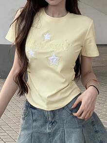 Áo thun nữ tay raglan cổ tròn dáng ôm, thêu họa tiết, thích hợp mặc mùa hè. - Màu be - Xem 5