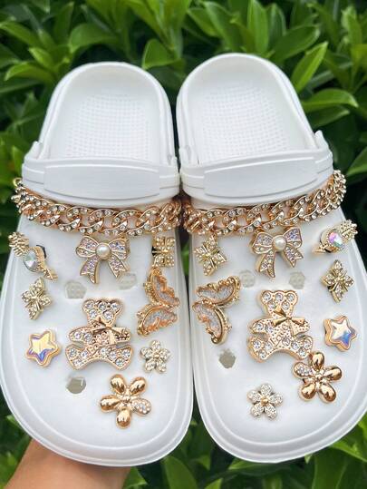 20件套花园鞋花DIY金色水晶链水钻小熊时尚鞋饰，适用于镂空鞋、沙滩凉鞋，可拆卸装饰纽扣