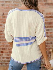 Acelitt Áo len dệt kim dáng rộng, xẻ tà, cổ chữ V, tay cánh dơi, kẻ sọc trắng mùa thu. - trắng - Xem 2