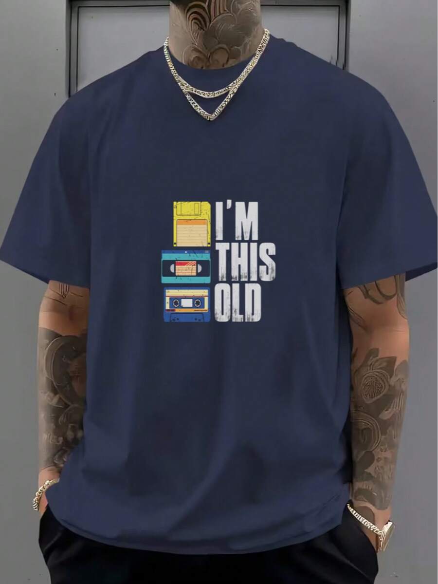Essential Cotton T-Shirt With White Retro Ribbon Pattern - Navy Blue - View 1