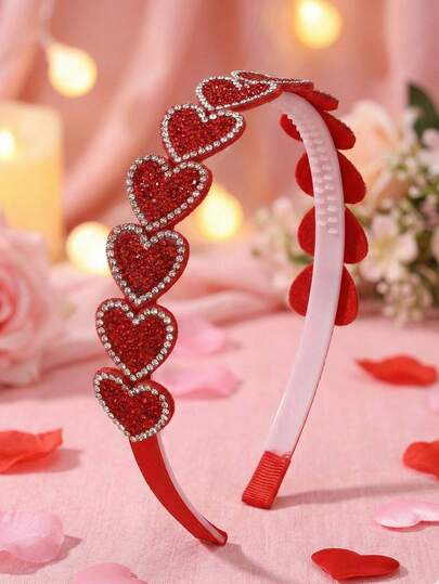 1pc Valentine's Day Red Heart Bow Headband For Girls, Red Rhinestone Heart Hair Hoop, Cute Heart Hairband,Sweet Photo Props For Girls Teens Hair Accessories