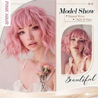 1 pieza Peluca elegante rosa bob con flequillo para mujeres - Onda rizada, densidad del 150% de seda Tanglon, gorro de red de rosa, tocado completo, sin encaje, adecuado para todas las etnias, ideal para atuendos navideños