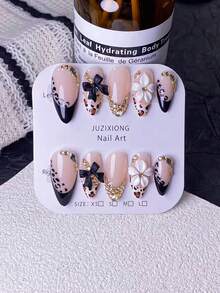10pcs Handmade Almond Gold Line Mirrored 3D Floral Minimalist Detachable Nail Tips, Fashionable & Elegant Nails Nail Supplies Handmade Press On Nails - Multicolor - View 5