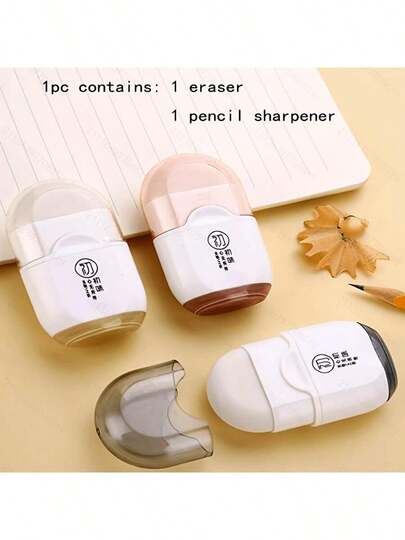 1pc 2-In-1 Pencil Eraser & Sharpener Set - Durable Plastic Material, (3 Random Colors) - Essential Office & School Supplies, Back To School