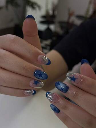 24 uñas postizas cortas de estilo francés azul ovalado en estilo Y2K, con diseño degradado y de estrella, estilo princesa rosa, que se ajustan perfectamente, set de uñas acrílicas falsas que contiene 1 pieza de pegamento de gelatina y 1 pieza de lima de uñas, adecuado para la vida diaria, viajes y fiestas de mujeres y niñas.