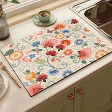 1pc French Floral Print Absorbent Mat/Drying Mat For Coffee Maker, Dishes - Polyester Absorbent Desktop Protective Mat With Rubber Anti-Slip Pad, For Kitchen Counter Decor, Home Bar And Dining Table - Multicolor - View 8