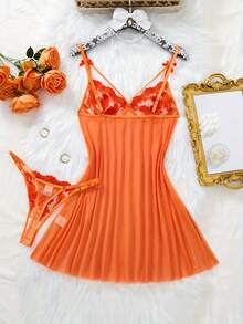 Orange Vitality Women's Short Nightdress, Solid Color Bow Suspender Sexy Short Nightdress, Embroidered Sexy Nightdress, Bright Orange Nightdress, Free Thong. - 橘色 - 查看 8