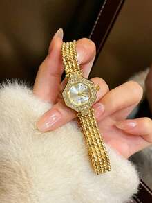 1 件优雅小圆形银色和白色表盘石英女士手表，适合学生/成人/礼物/派对/女士 - 金色 - 查看 5