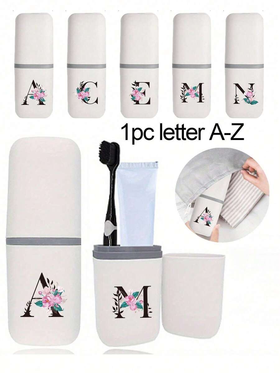1pc A-Z Initial Floral Travel Toothbrush Holder, 2-In-1 Portable Toothbrush & Toothpaste Storage Cup, Personalized Letter Bathroom Storage Box For Travel, Business Trip, Camping, School, Suitable For Easter, Mother's Day Gifts - Multicolor - View 1