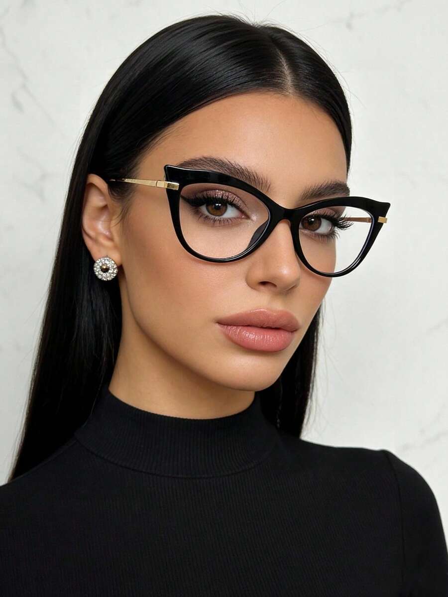 1 retro elegante große Rahmen Katzenauge Mode transparente Brille, lässige personalisierte Damenbrille, geeignet für den täglichen Gebrauch, Rückkehr zur Schulsaison, Urlaubsreisen, College-Stil, Sommer-Strandaccessoires, Damenmode-Accessoires - Schwarz - Übersicht 1