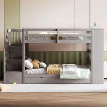 Bunk Bed 90*200 Cm, Safety Stairs With Storage Compartments, Storage Drawers And Large Lockers, High Railing Construction, Slatted Base, Pine Bed, Children's Bed, Youth Bed, White - 灰色 - 查看 12