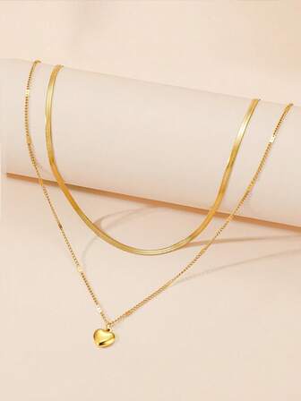 2 piezas Collar de mujer de estilo minimalista y exquisito con cadena de acero inoxidable chapada en oro de doble capa y corazón, para atuendo de citas