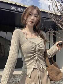 Women's Casual Square Neck Raglan Sleeve 2 In 1 Knit Sweater, New Design Top - Khaki - View 3