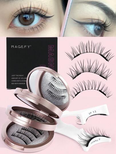 MAGEFY 3对自然妆效假睫毛，可重复使用，带磁性贴片，无需胶水，易于佩戴和卸除，打造自然妆感。3D自然蓬松漫画风格假睫毛，柔软纤长卷翘，自然显眼，适合女性旅行、派对、上学、日常工作等场合使用。