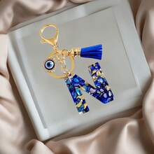 1pc Navy Blue Resin First Initial Letter Key Chain With Devil's Eye And Tassel, Outdoor Backpack Hanging Accessory, A-Z Letter Keychain, Wallet Charm, Car Pendant Ornament, Holiday/Birthday Party Gift - Royal Blue - View 9