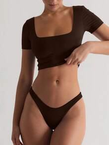 Short Fitted Double-Layer Yoga Fabric Square Neck Top, Summer - Brown - View 3