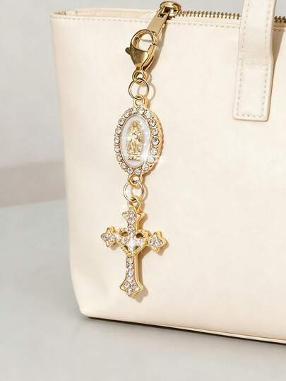 Kristen amulettnyckelring med religiös kärlek och strass-kors, hänge dekorerat med Jungfru Maria, pärla och diamantamulett - korsnyckelring, väskamulett, korshänge, dekorativa plånbok, ryggsäckstillbehör