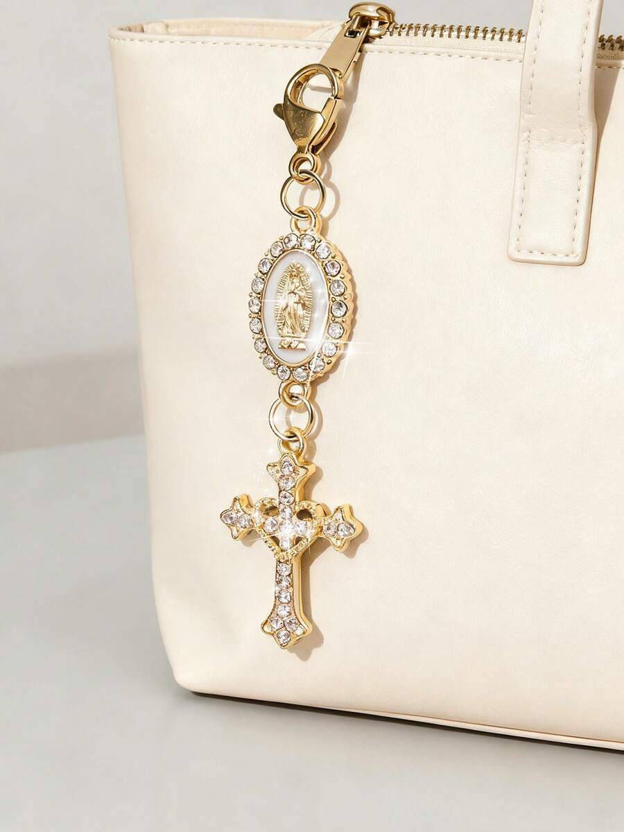 基督教护身符钥匙扣，饰有宗教之爱和水钻十字架，吊坠上点缀着圣母玛利亚、珍珠和钻石护身符 - 十字架钥匙扣、包包护身符、十字架吊坠、装饰钱包背包配件 - 均碼 - 查看 1