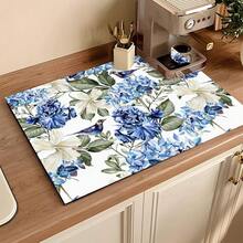 1 pieza Estera absorbente con estampado floral azul para cafetera, platos - Estera protectora absorbente de poliéster para encimera de cocina con respaldo de goma antideslizante, para decoración de cocina, bar en casa y mesa de comedor - Multicolor - Ver 6
