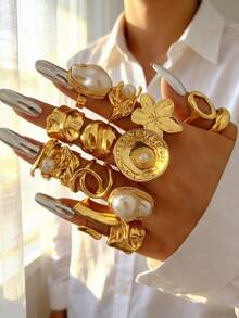 复古优雅复古硬币风格随机27/25/21/18/12/3件金属多元素闪亮棕色仿宝石仿珍珠心形花朵海星贝壳六芒星不规则线条十字开口可调节戒指套装，夸张宽面高端珠宝，男女皆宜，是度假、派对、约会、周年纪念、情人节礼物、日常搭配的理想之选（款式随机） - 彩色 - 查看 3