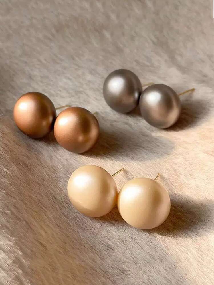 3 Pairs Vintage Flat Round Pearl Matte Frosted Earrings, Elegant Minimalist Faux Pearl Stud Earrings Set, Suitable For Women's Daily And Holiday Wear (Pearl Size Approx. 14MM) - Multicolor - View 10