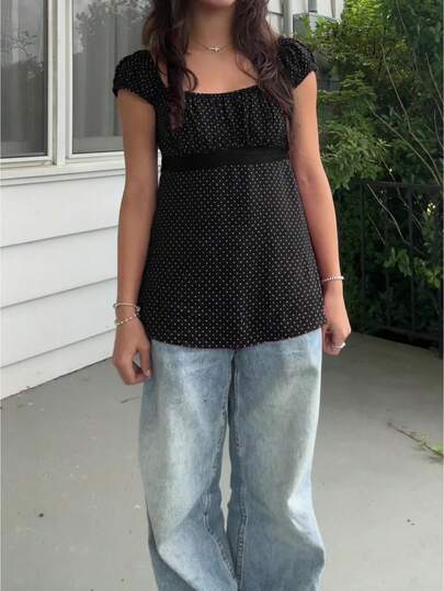 Women Fairy Grunge Y2k Babydoll Shirt Cap Sleeve Micro Polka Dot Tie Back Flowy Babydoll Top Preppy Clothes