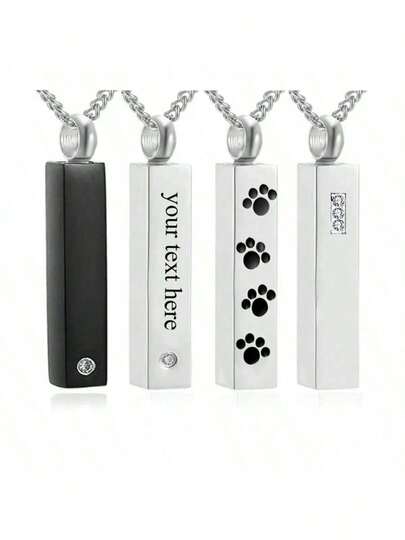 Customized Stainless Steel Vertical Cubic Bar Shaped Cremation Urn Pendant Necklace, Memorial Keepsake, Hypoallergenic