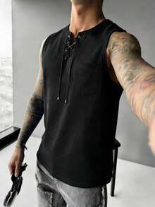 GRDR 男士夏季亚麻V领休闲背心 - 黑色 - 查看 4